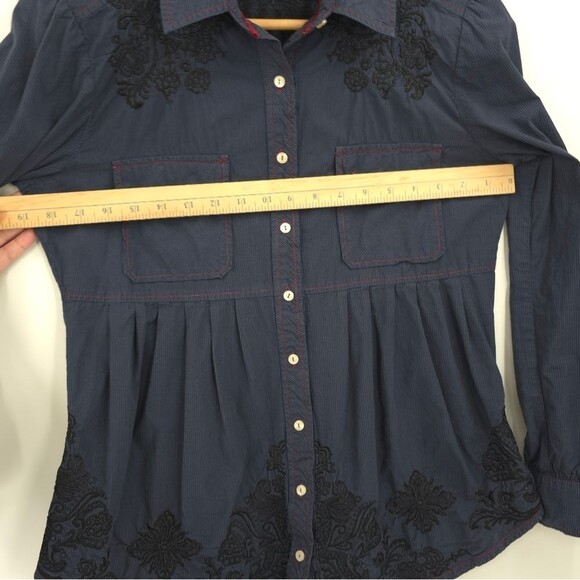 Johnny Was 3J Workshop Babydoll Button Up Top Embroidered Striped Y2k Blue - Picture 13 of 15